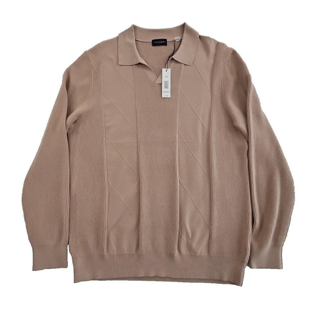 NEW Tahari Textured Henley‎ Sweater Men's Large Taupe NWT Long Sleeve Stretch